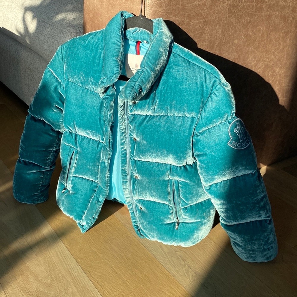 COPY - Moncler Blue velvet puffer coat - Picture 6 of 12